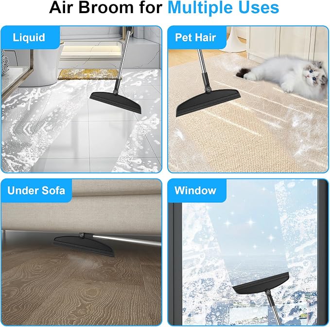 Broom and Dustpan Combo Set, 51" Long Handle with Squeegee | Black Complete Cleaning Kit, Floor Squeegee for Wet & Dry Messes, Built-in Comb Dustpan for Home & Pet Areas