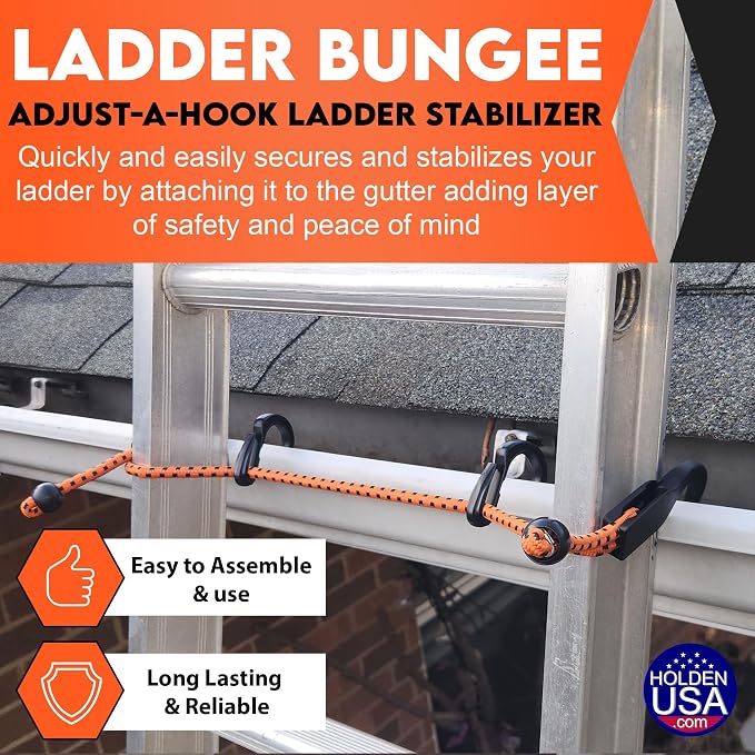 Holden USA - Adjust-A-Hook Ladder Bungee - Ladder Stabilizer Hook – Secure Ladder Safety Support for Roofs, Gutters, and Painting Prep – Durable Ladder Hook Attachment for Roofing and Gutter Work