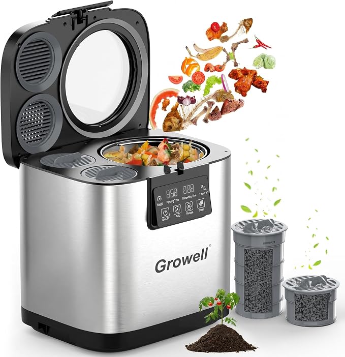 Growell 4L Electric Composter for Kitchen, Countertop, Indoor Compost Bin | Dual Carbon Filter, LED Touch Panel, Auto-Clean, Long-Life Brushless Motor, <40dB, Visible Window, Food Wast Recycler, Silver