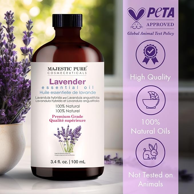 Majestic Pure Lavender Essential Oil for Diffuser - 3.4 Fl Oz | 100% Natural Essentials Oils for home fragrance, diffuser use, massage, DIY candles, DIY soaps, Aromatherapy