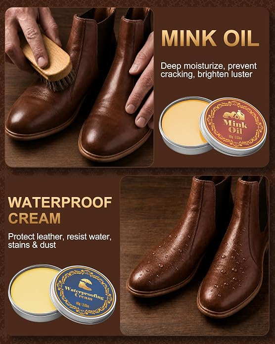 Jevvu Leather Shoe Cleaning Kit with Saddle Soap, Mink Oil & Waterproof Wax | Boot Cleaner & Shoe Shine Kit with Horsehair Brushes, Polish Cloths & Towel for Cowboy Boots, Work Boots, Shoes & Tack