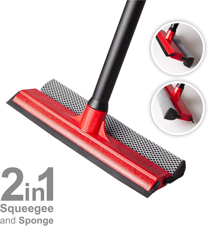 Window Squeegee for Car Windows, 2-in-1 Window Cleaner for Car Windshield, Gas Station, Shower, and Glass | Auto Squeegee with 17.5" Handle, 8" Soft Rubber Blade & Highly Absorbent Sponge
