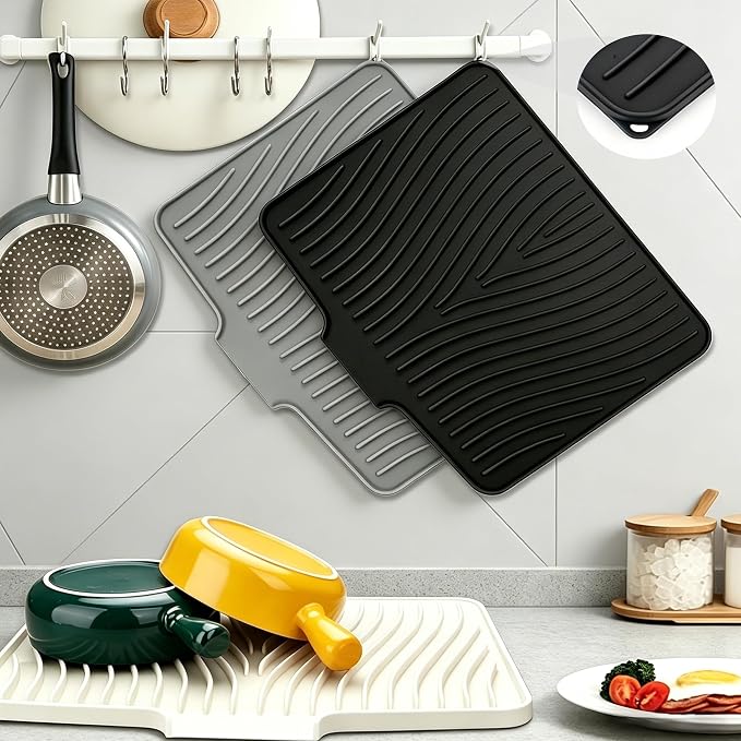 Silicone Dish Drying Mat,Dish Drying Pad,Kitchen Accessories,with Built-In and Non-Slip Drain,Easy Clean, Fit for Kitchen, Bar, RV, Refrigerator and Drawer Liner, 19.7*17 in Grey 1PCS by EBIGIC