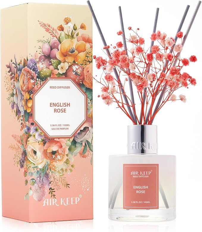 Reed Diffuser Set,3.38 fl oz (100 ml) - English Rose Oil Diffusers with 8 Reed Sticks, Home Fragrance Reed Diffuser for Bathroom Shelf Decor