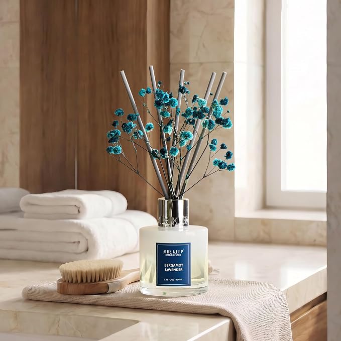 Reed Diffuser Set,3.38 fl oz (100 ml) - Bergamot Lavender Oil Diffusers with 8 Reed Sticks, Home Fragrance Reed Diffuser for Bathroom Shelf Decor