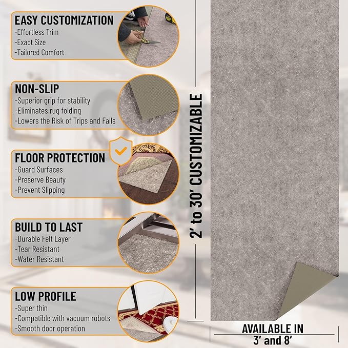 Ottomanson 3' x 9' Non-Slip Rug Pad Gripper 1/4 Inch Thick Dual Surface Felt + Rubber Gripper - Safe for All Floors, Brown