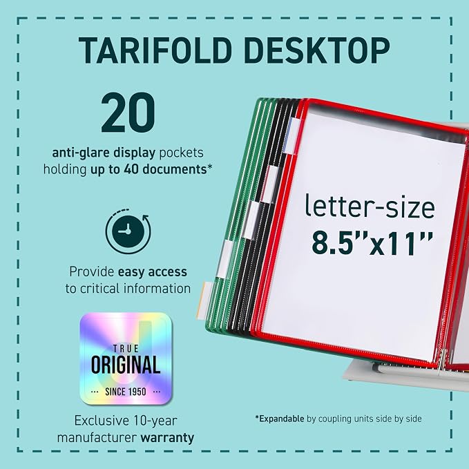 Tarifold Desktop Reference Display System, 20 Pockets, Expandable, Assorted | 20 double-sided PVC pockets, holds 40 letter-size sheets, sturdy metal base, quick-find indexing, quick and easy to assemble