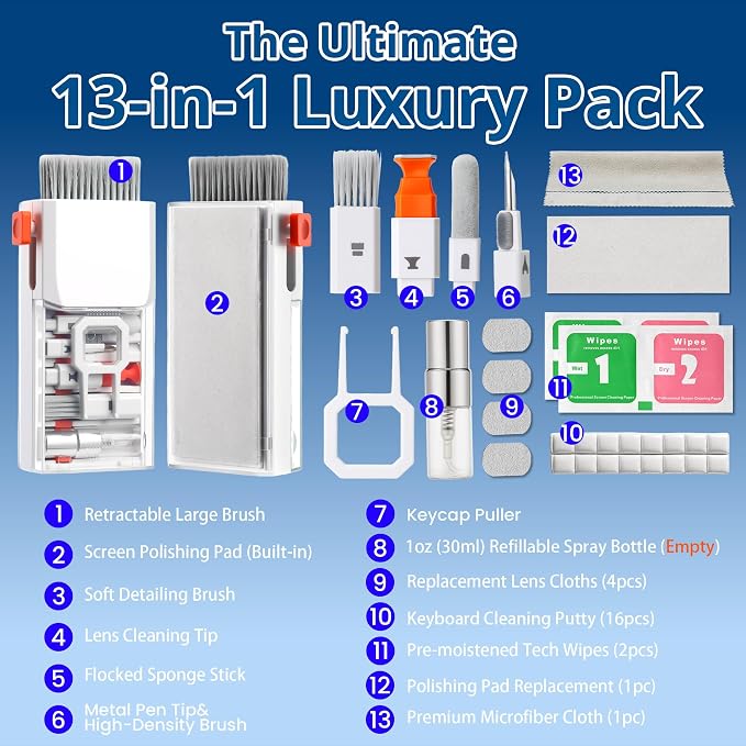 Upgraded Keyboard Cleaning Kit, 32PCS Electronics Cleaner Tool with Dust Cleaning Putty, Microfiber Cloth, Wipes-Cleaning Set for iPhone, AirPods, iPad, Laptop, PC Screen, Monitor, Camera