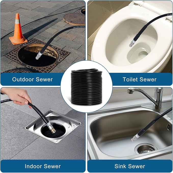 200FT Sewer Jetter Kit for Pressure Washer 5800PSI Drain Cleaner | 1/4" NPT Drain Cleaning Hose with 4 Jetting Nozzles Handle Strap Waterproof Tape and Tools (Black)