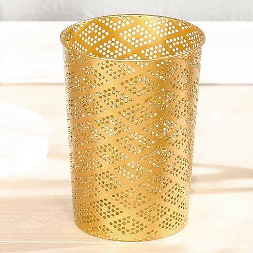 Metal Gold Trash Can, Modern Cylindrical Waste Bin for Small Spaces | 7.28" D x 10" H Luxury Gold Garbage Can | Metal Waste Basket for Office Bathroom Bedroom Decor | Modern Home Accent