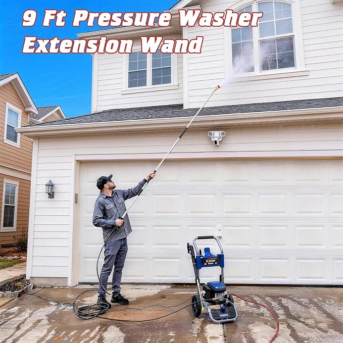 9 FT Pressure Washer Extension Wand with Handle Gun, 4000 PSI | Power Washer Lance Gutter Cleaner Attachment with 5 Nozzle Tips, Compatible with Gas & Electric Pressure Washers