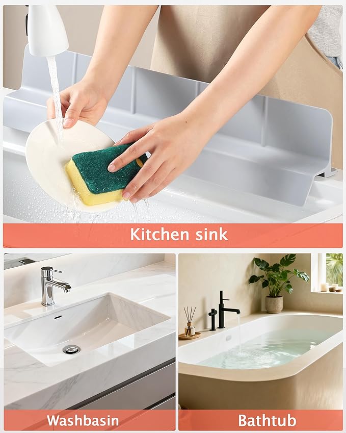 Kitchen Sink Splash Guard 23" 18" 30" Self-Draining Silicone Water Guard with High Splash Wall & Strong Suction Cups for Faucet, Countertop & Sink Edge, Keeps Sinks Dry, Dishwasher Safe, Gray