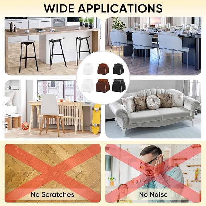 BALEINE 32 Pack Silicone Chair Leg Floor Protectors, Stool Leg Protectors Cap, Non-Slip Chair Leg Caps for Hardwood Floors (Brown & Large (Square), 32 Pack)