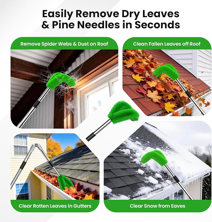 12 FT Gutter Cleaning Tools for Outdoor - Gutter Cleaner Pole with Shovel & Brush for Roof Rain Gutters, Cleans Leaves, Branches & Debris - No Ladder Needed (Green)