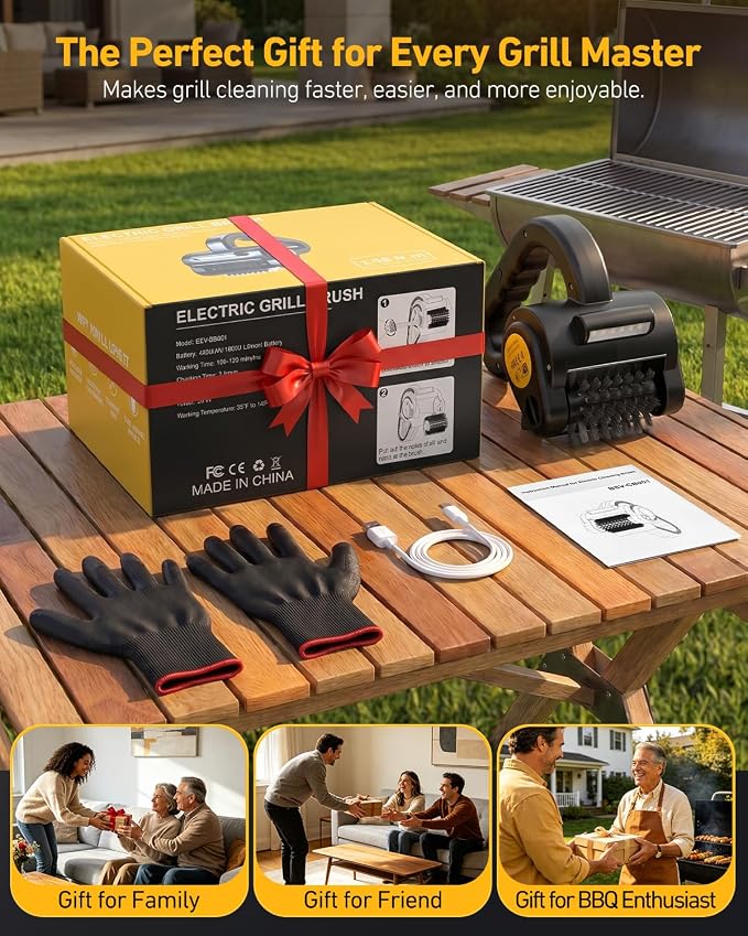 Electric Grill Brush, BBQ Grill Brush for Outdoor Use with LED Light, 300 RPM Powerful Cleaning, 4400mAh Battery, Splash Guard, Reinforced Steel Bristles for Cast Iron & Stainless Steel Grills