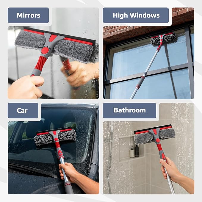 2-in-1 Window Cleaning Squeegee Kit with 60’’ Extension Pole, Rotatable Bendable Head, Microfiber & Chenille Pads, Window Cleaner Tool for Indoor/Outdoor, High Windows, Shower and Car