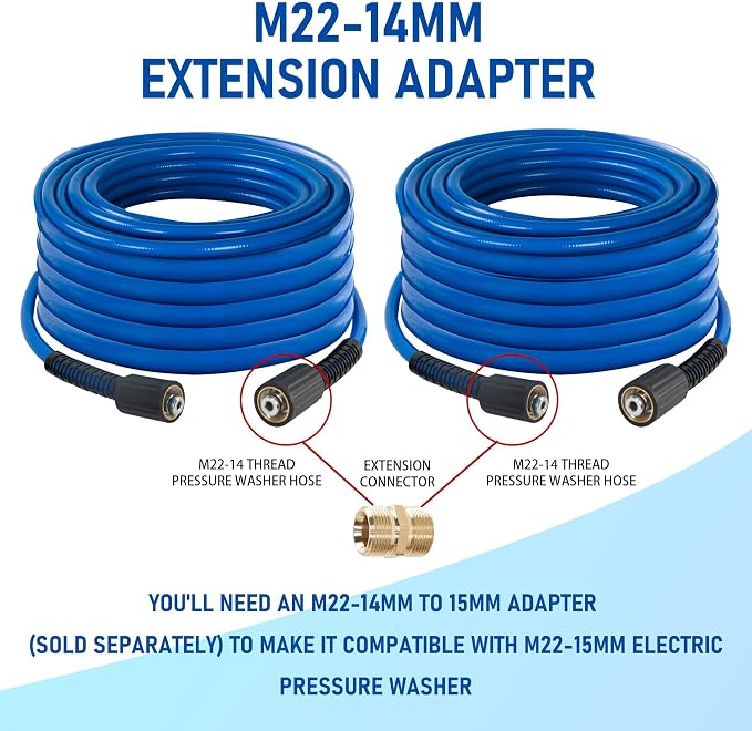 Hourleey Pressure Washer Hose 50 FT, 3600 PSI Flexible Kink Resistant Power Washer Hose Replacement, 1/4" Quick Connect Pressure Washer Hose Extension With M22 x 3/8", Blue
