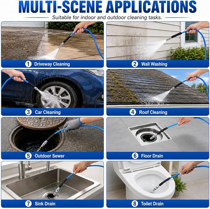 100 FT Sewer Jetter Kit for Pressure Washer, 5800PSI Drain Cleaner Hose | 1/4 Inch NPT Corner with 4 Sewer Jetting Nozzles, Pearl Corsage Pin, Waterproof Tape, Handle Strap&2 Spanner (Blue)