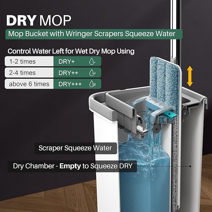 JOYMOOP Flat Mop System, Microfiber Mop and Bucket Set, White, Hands-Free Floor Cleaning System with Wringer, Wet and Dry Use, 60" Handle, Includes 4 Reusable Pads