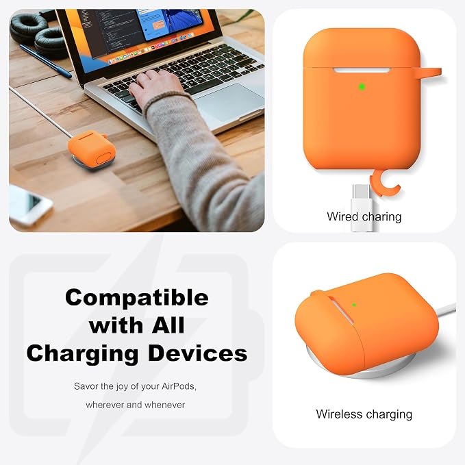 R-fun for AirPods 1/2 Case, Soft Silicone Protective Cover with Keychain and Cleaning Pen, Compatible with AirPods 2nd/1st Generation (2016/2019), Full Drop Protection Cover, Orange