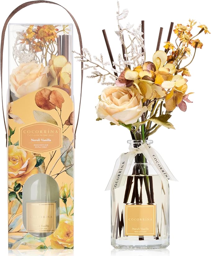 Reed Diffuser - Neroli Vanilla 8.5 Fl.oz Flower Reed Diffuser with Sticks, Bedroom Bathroom Shelf Decor (Floral Basket Collection)