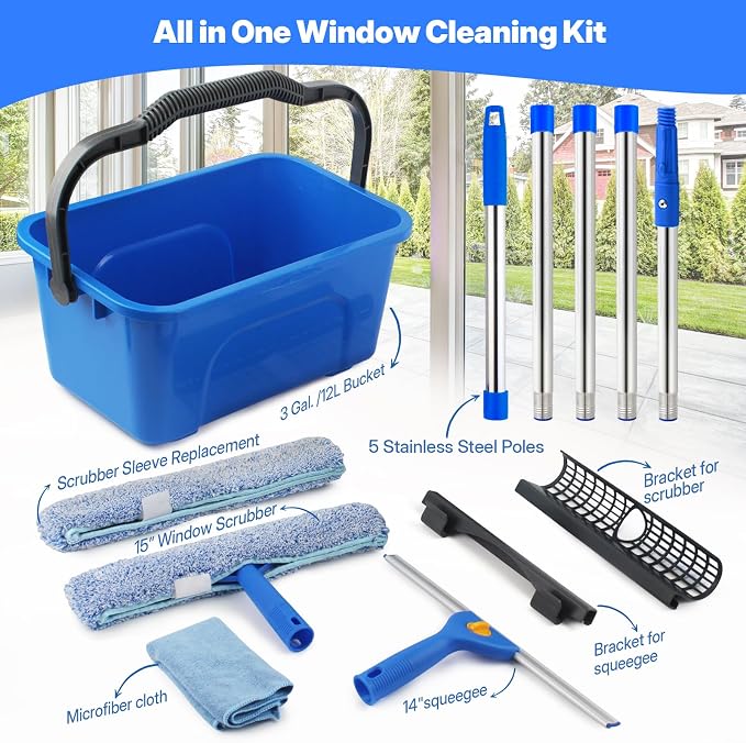 Window Cleaning Kit with Bucket, Squeegee and Scrubber for Home, Commercial | Professional High Windows Washing Kit, 76" Long Handle Window Squeegee & Scrubber, 3 Gal Bucket, Complete Window Cleaner Tool