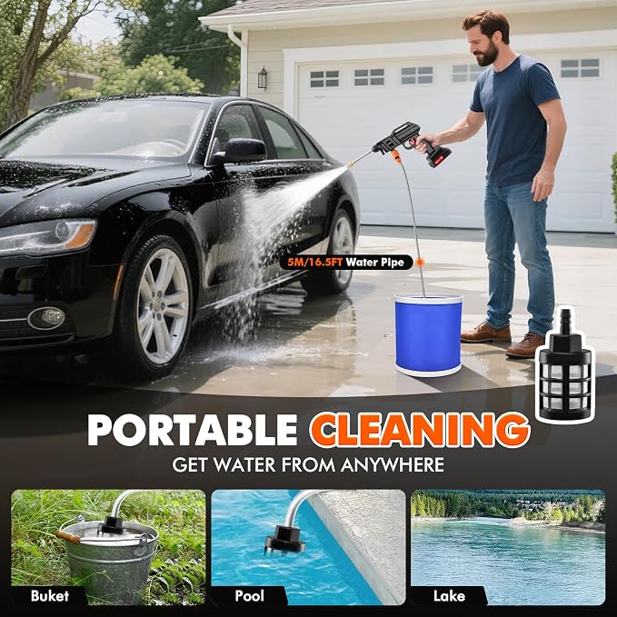 Cordless Portable Washer, Handheld Washer, Battery Operated Washer with 5M Elastic Hose for Car Home with Bucket