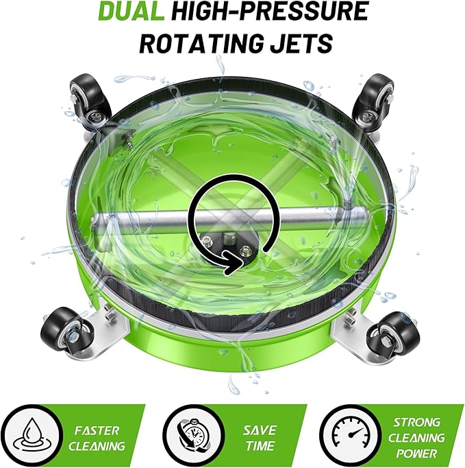 LidoDola 14'' Pressure Washer Surface Cleaner Green, Power Washer Accessory | Stainless Steel Housing with 4 Wheels, 1/4" QC, 2 Extension Wands & 2 Replacement Nozzles, for Gas & Electric Pressure Washer
