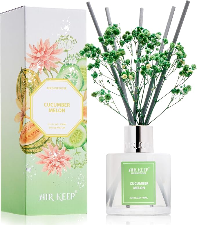 Reed Diffuser Set,3.38 fl oz (100 ml) - Cucumber Melon Oil Diffusers with 8 Reed Sticks, Home Fragrance Reed Diffuser for Bathroom Shelf Decor