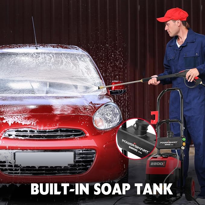 PowerSmart Electric Pressure Washer - 2200 PSI Max 1.2 GPM Power Washer with Wheels, Onboard Soap Tank, 5 Nozzles Set& Metal Wand - Professional High Pressure Cleaner for Cars, Driveways & Patios
