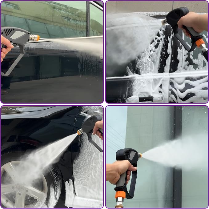 PWACCS Short Pressure Washer Gun with Swivel, 5000 PSI, Black | Power Washer Gun, 3/8" Quick Connector, M22 14mm/15mm Fitting, 5 Nozzle Tips with Holder