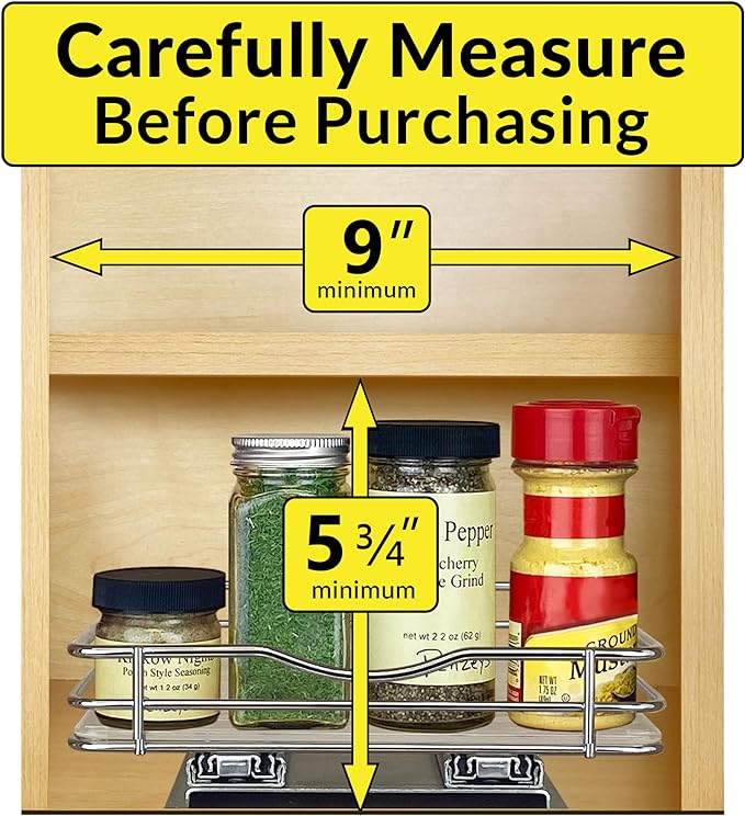LYNK PROFESSIONAL® Pull Out Spice Rack Organizer for Inside Kitchen Cabinets - 8-1/4 inch Wide - Slide Out Drawer – Chrome Sliding Spice Cabinet Organization Shelf Racks - 1 Tier