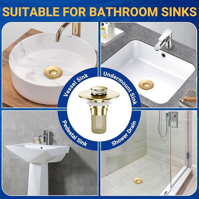 Bathroom Sink Drain Strainer, Pop-Up Bathroom Sink Stopper with Removable Stainless Steel Hair Catcher Basket, Universal Fit for US Bathroom Sinks, Showers & Floor Drains (1pcs-Gold)