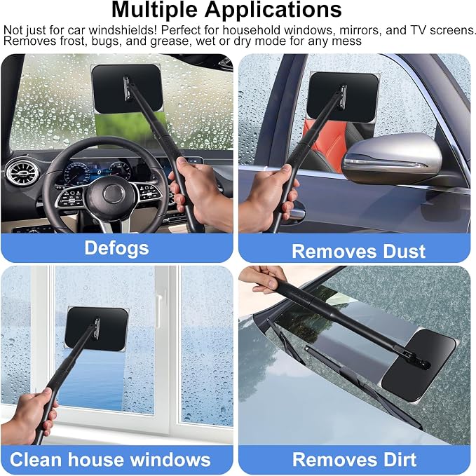 Car Windshield Cleaning Tool,Car Window Cleaning Wash Kit with 4 Reusable Microfiber Pads and 1 Spray Bottle,Extendable Long Handle Glass Wiper Cleaning Kit for Auto Glass, Trucks, SUVs, RVs, Home
