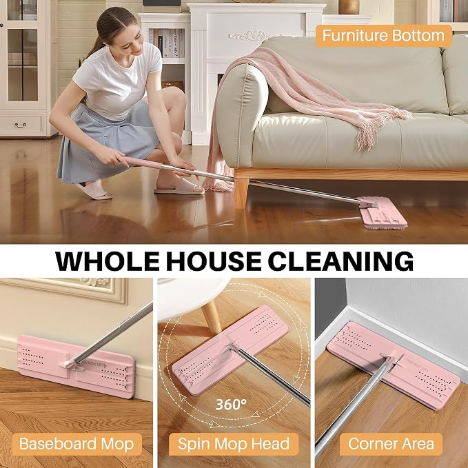 JOYMOOP Flat Mop, Microfiber Cleaning Pad for Floor Cleaning, 60" Long Handle with Flexible Mop Head, Pink