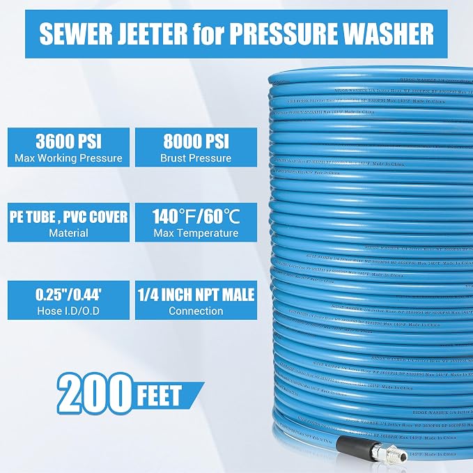 Sewer Jetter Kit for Pressure Washer, 200FT | 3600 PSI Drain Cleaning Hose Short Pressure Washer Gun, 1/4 Inch NPT Corner, Rotating and Button Nose Sewer Jetting Nozzle