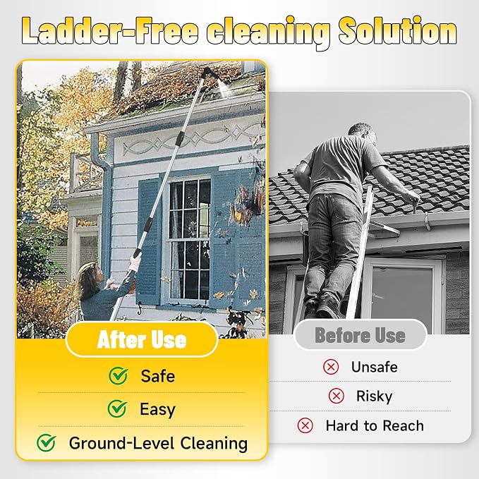 12ft (20ft Reach) Gutter Cleaning Tools from The Ground, Telescoping Rain Gutter Cleaner Tool, 270° Rotatable Gutters Cleaning Wand, Gutters Cleaning Hose Attachment & Connection Adapter