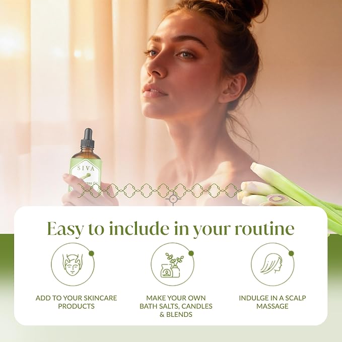 Siva Lemongrass Essential Oil, Glass Bottle with Dropper, 4 Fl Oz (118 ml) | Lemongrass Oil for Diffuser, Humidifier, Home Fragrance, Room Spray, Skin, Body Massage, Soap Making, Candle Making & DIY