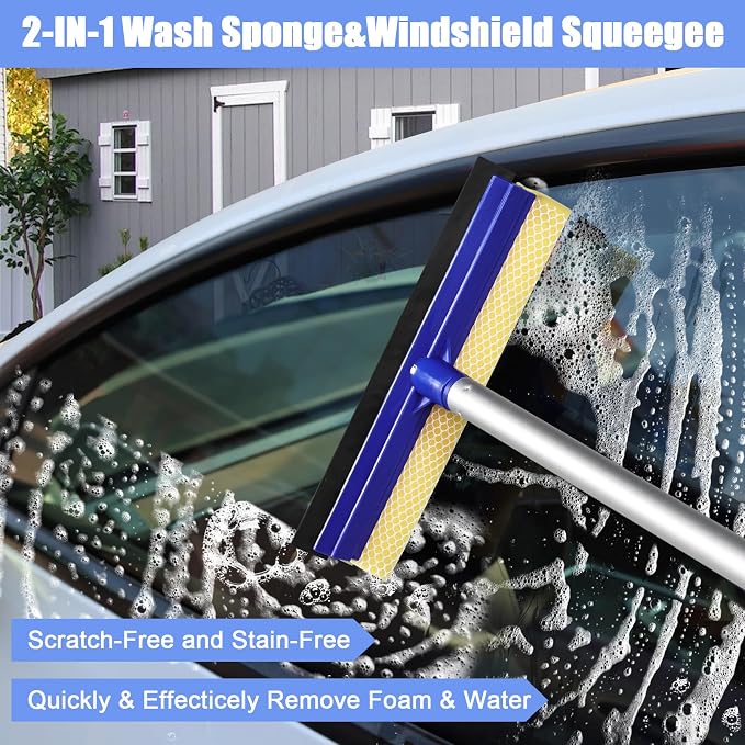 anngrowy 62" Microfiber Car Wash Brush with Long Handle Car Washing Mop Kit Mitt Sponge Car Cleaning Supplies Duster RV Washing Car Brushes, 1 Chenille Scratch-Free Replacement Head (Blue&Yellow)
