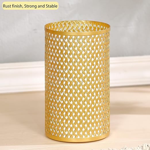 Small Gold Trash Can for Bathroom, Metal Garbage Can for Offices, Decorative Hollow-Out Garbage Can Waste Paper Bin, 7" W X 7" L X 12" H