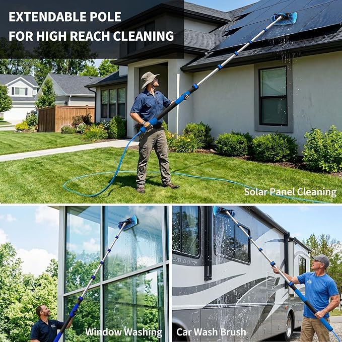 Soft Bristles Solar Panel Cleaning Brush, 24 FT Solar Panel Cleaner Kit, Including Water Fed Brush | Extendable Long Handle | Soap Dispenser for Car, RV, Boat, Windows, Deck Washing