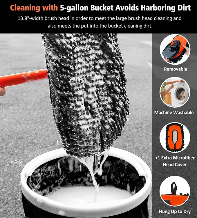 YeewayVeh 55" Car Wash Brush Mop, Extendable Long Handle, Orange | 15° Curved Extension Pole, Extra Microfiber Mop Head, Scratch-Free Auto Cleaning Kit for Truck, SUV & RV