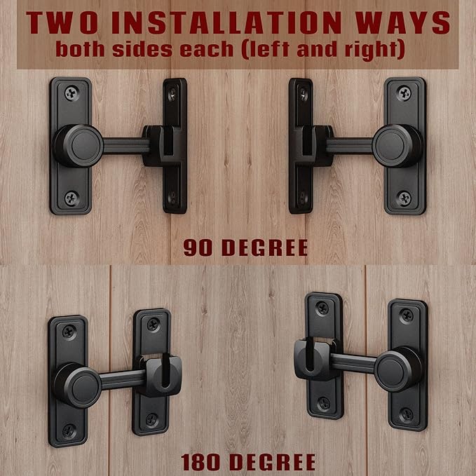 Barn Door Privacy Latch, 90°/180° Swing Slide Lock, Zinc-Alloy, Adhesive or Screw Mount, Interior Use for Bathroom/Bedroom/Closet/Shed, Includes Screws & Glue - Black