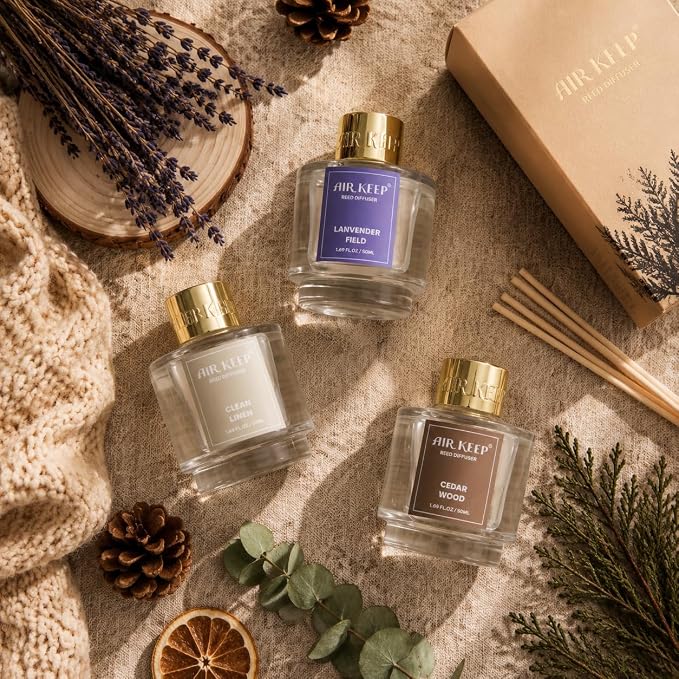 Reed Diffuser Set of 3,Clean Linen Lavender Field Cedar Wood Oil Reed Diffusers for Bedroom Living Room Office Aromatherapy Oil Reed Diffuser for Gift 50ml x 3