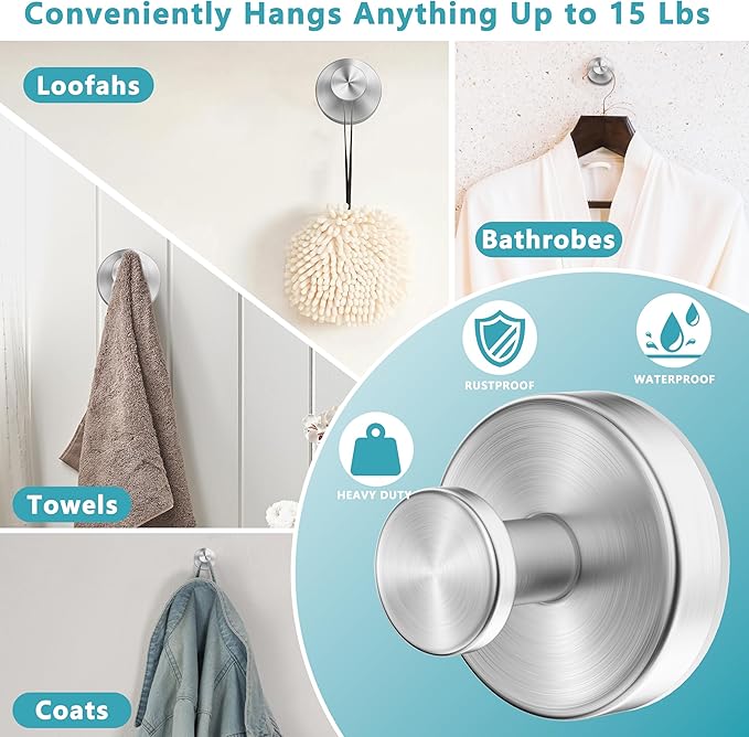 Suction Cup Hooks for Shower,Removable No Drill Towel Hooks,Upgraded 15 lbs Strong Suction hooks for Bathroom Tile,Shower Wall,Glass Door,Kitchen-Loofah,Coat,Stainless Waterproof-Silver 2 Pcs