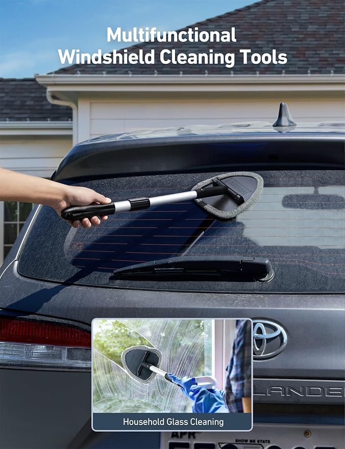 AstroAI 26" Super-Long Windshield Cleaner Tool & Car Interior Detailing Kit | Extendable Handle, 4 Reusable Microfiber Pads, Streak & Lint-free, Auto Glass Wiper Brush for Car & Home, Gray