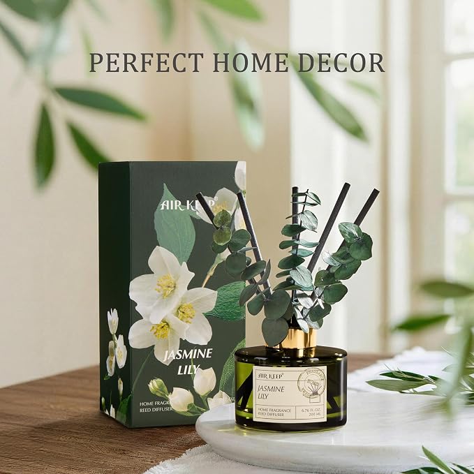 Reed Diffuser Set with 6.76 fl oz Jasmine Lily Scent Essential Oils and 3 Leaves & 8 Diffuser Sticks,Bathroom Shelf Decor & Air Freshener, House Bedroom Office Decor & Gifts