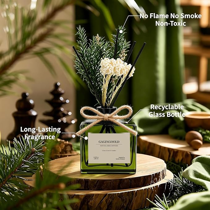 Reed Diffuser, 6.1 oz Clean Linen & Amber Scent Diffuser with Sticks & Dried Flowers, 120 Days Long Lasting diffusers for Home, Elegant Fragrance for Bathroom Bedroom Office Decor Air Fresh