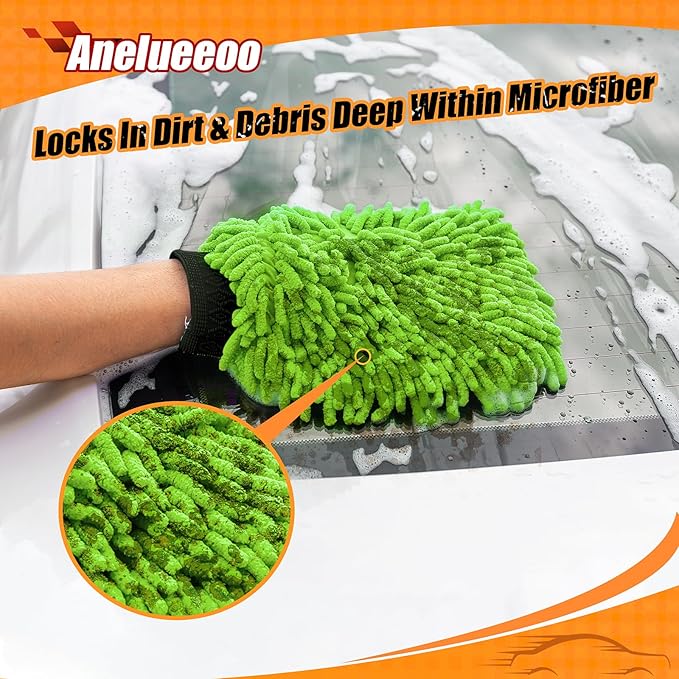 Car Wash Mitt Microfiber, Premium Chenille Microfiber Wash Car Mitts Sponge Scratch Free & Lint-Free, Mitts Waterproof Lining 4 Pack Green (8''X12'')
