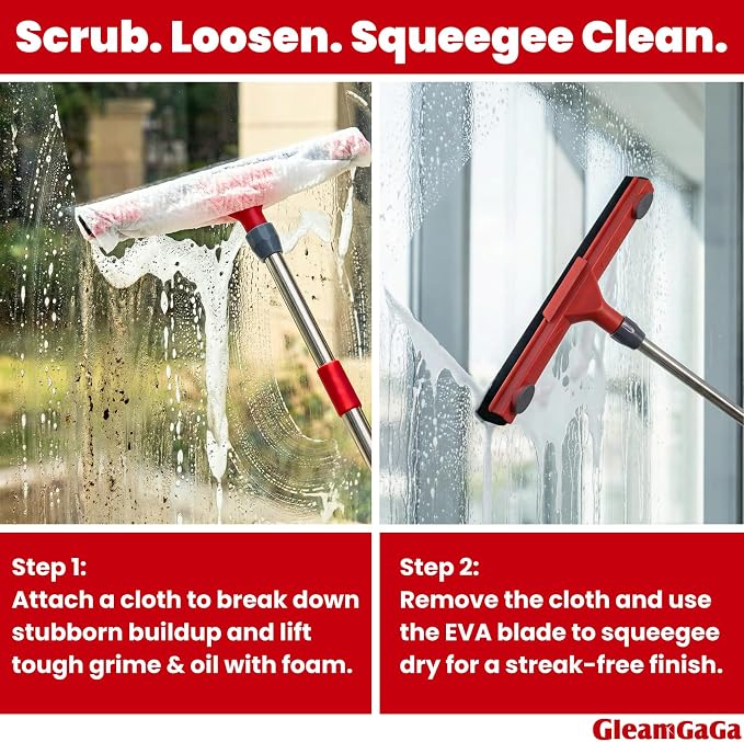Floor Squeegee with 2 Replaceable Heads and Extendable 62" Long Handle | Double the Lifespan, 17" EVA Foam Blade, for Garage, Concrete, Tile, Patio, Pool, Shower & Uneven Surface Cleaning